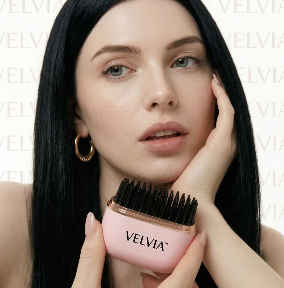 La brosse lissante VELVIA tenue en main devant des cheveux lisses