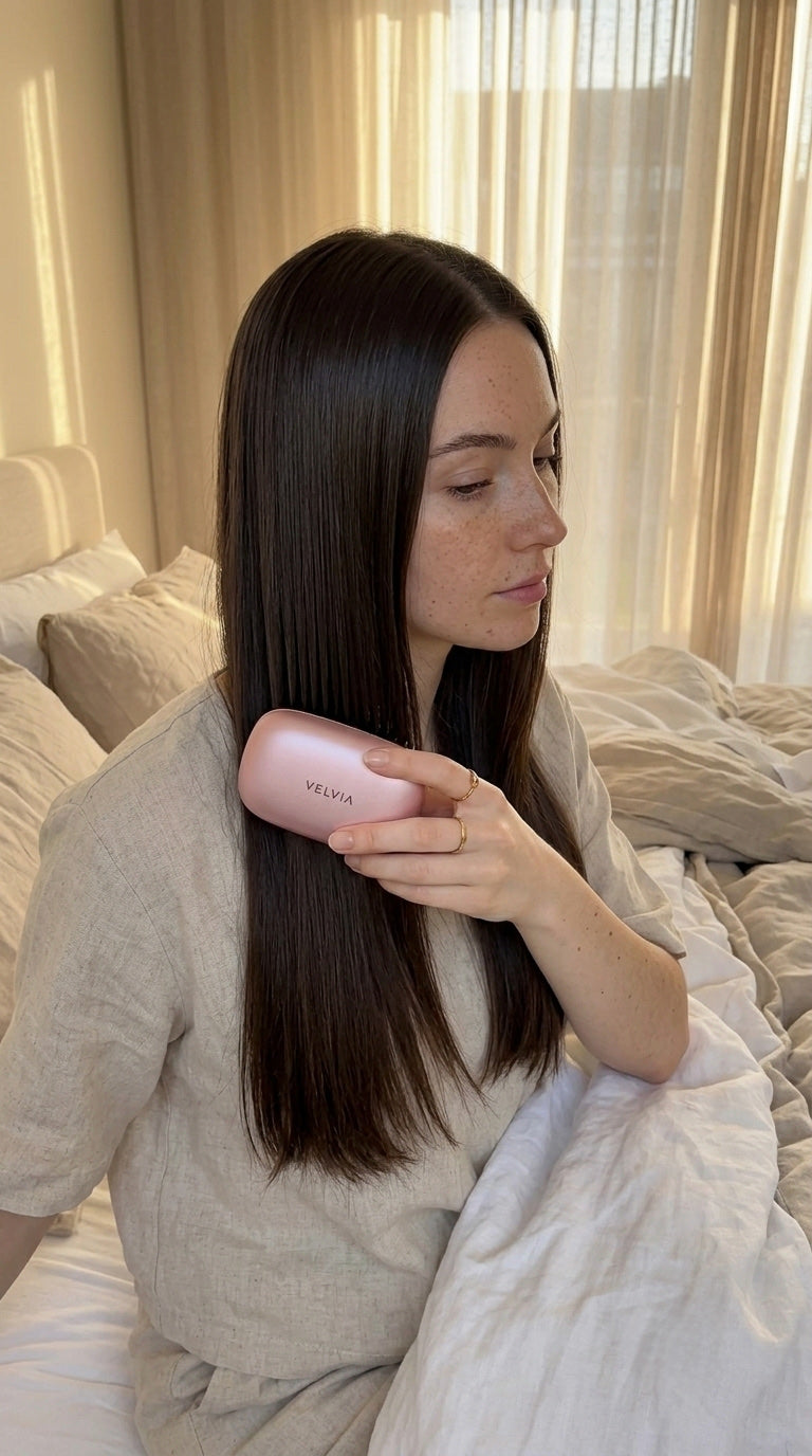 Lissage des cheveux à la brosse VELVIA, assise au bord d’un lit