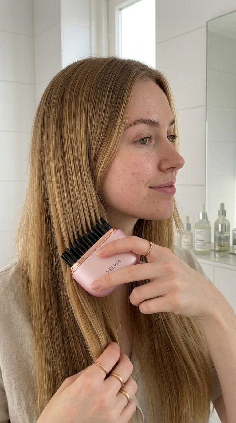 Lissage des longueurs à la brosse VELVIA dans une salle de bain